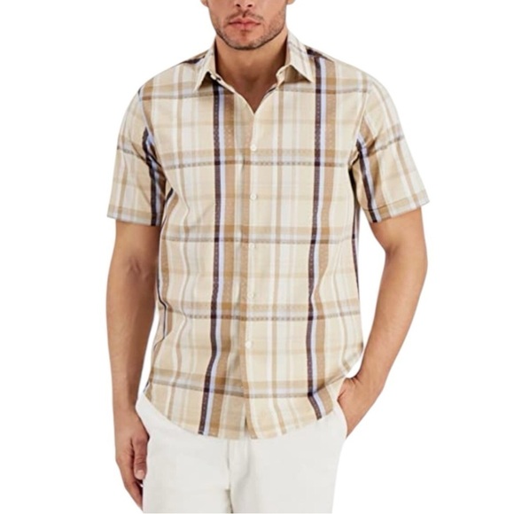 Tasso Elba Men's Beige Plaid Classic Fit Button Down Cotton Casual Shirt XL - Picture 1 of 7